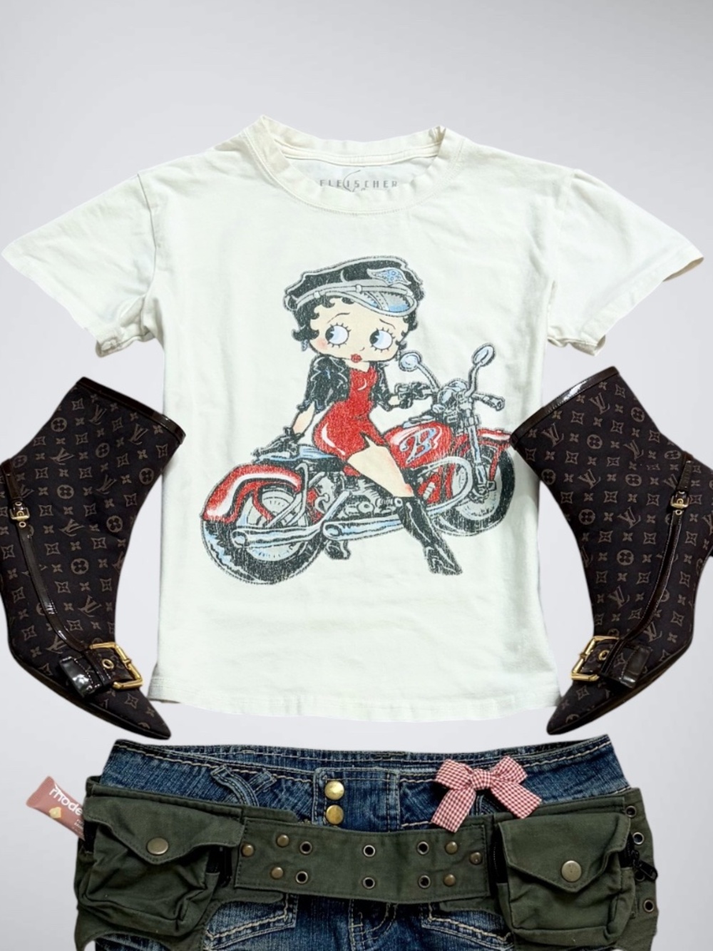 Fleischer Studios Off White Betty Boop Motorcycle Graphic Baby Tee | Biker Betty